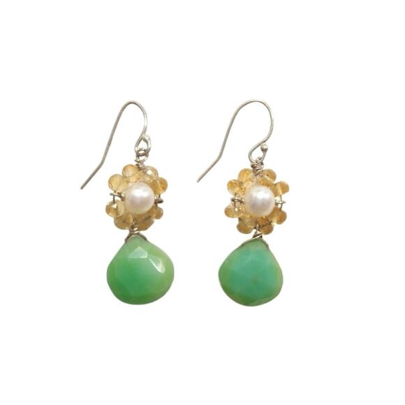 925 Sterling Silver Chrysoprase Dangle Drop Earrings Pearl Beaded Citrine Hook - Picture 4 of 8